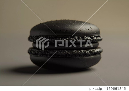 Delicate Black Macaron Showcases Elegance on a Textured Graphite Surface Generative AI 129661846