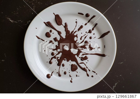 Unexpected Artistry Emerges From Chocolate Splashes on a Pristine Plate Generative AI 129661867