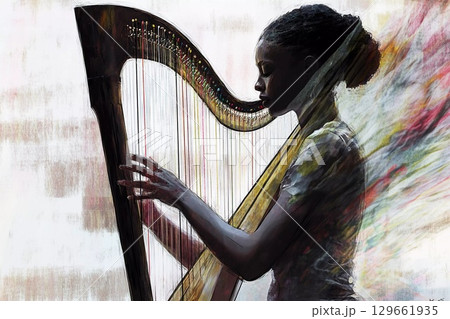 Melodic Silhouette Evokes Emotion While Playing the Harp at Sunset Generative AI 129661935