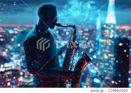 Saxophonist Captivates City Skyline With Soulful Melodies at Night Generative AI 129662020