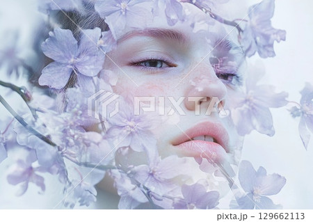 Enchanting Double Exposure Portrait Blending Nature's Beauty With Serene Elegance Generative AI 129662113