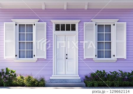 Charming Light Purple House With White Shutters and Lush Garden Details Generative AI 129662114