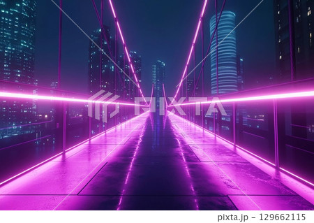 Enchanting Purple Neon Bridge Illuminating the Night Skyline in a Vibrant City Generative AI 129662115