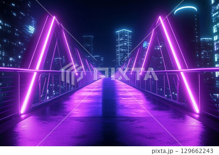 Illuminated Purple Neon Bridge Connecting Vibrant City Skyscrapers at Night Generative AI 129662243