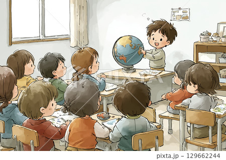子どもたちが地球儀を回して国や大陸を確認するシーン 129662244