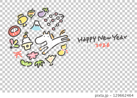 可愛的手繪新年賀卡模板 2026 以白馬和新年幸運符為特色 - 圓形/橫向 129662464