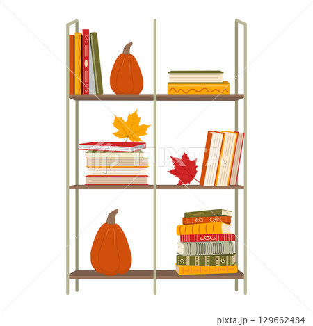 Bookshelf with books and pumpkins. Bookshelf with books and pumpkins. 129662484