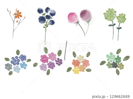 柔らかなタッチで描かれた花のイラストセットです。 シンプルでありながら、カラフルで親しみやすいデザイ 129662689