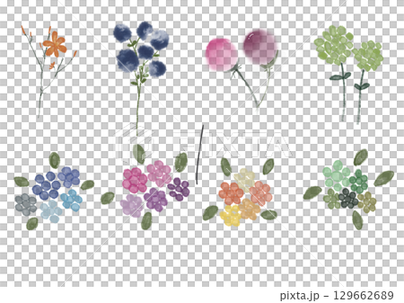 柔らかなタッチで描かれた花のイラストセットです。 シンプルでありながら、カラフルで親しみやすいデザイ 129662689