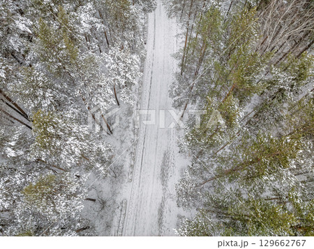 Aerial view of the road in the winter forest with high pine or spruce trees covered by snow. Driving in winter. 129662767