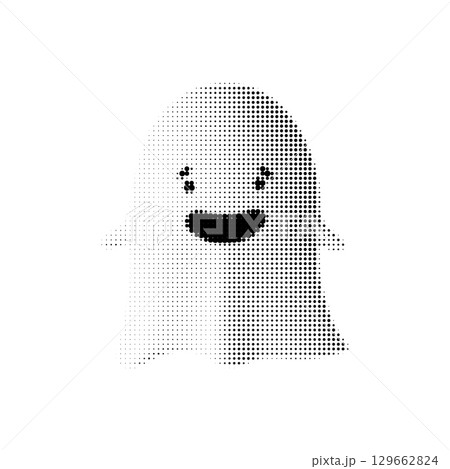 Happy ghost vector illustration in halftone black and white style. Cute smiling cartoon character for Halloween. Isolated design perfect for kids decor, stickers, posters, and festive graphics. Happy ghost vector illustration in halftone black and white style. Cute smiling cartoon character for Halloween. Isolated design perfect for kids decor, stickers, posters, and festive graphics. 129662824