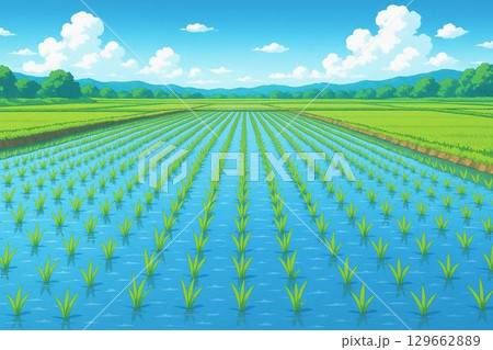田んぼ　田植え直後　田植え　5月　6月 129662889