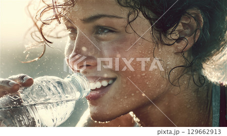 運動後に汗を流しながらペットボトルの水を飲み、笑顔で水分補給する女性の横顔 運動後に汗を流しながらペットボトルの水を飲み、笑顔で水分補給する女性の横顔 129662913