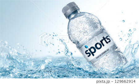 明るい背景で斜めに配置され水しぶきを上げるスポーツドリンクのペットボトル 明るい背景で斜めに配置され水しぶきを上げるスポーツドリンクのペットボトル 129662914