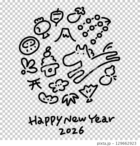 Cute monochrome line drawing of a white horse and New Year's card template 2026 Square, for SNS and Instagram 129662923