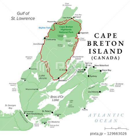 Map of Cape Breton Island, in Nova Scotia province of Canada, with Cabot Trail highlighted in red, a scenic highway passing along and around the Cape Breton Highlands, and with Skyline Trail in blue. 129663026
