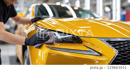 Person meticulously polishes sleek yellow luxury car in well lit garage, focusing on headlight 129663031