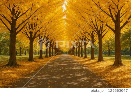 秋　イチョウ並木　紅葉 129663047