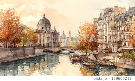 紅葉とヨーロッパの街並みの水彩画 129663218