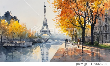 紅葉とヨーロッパの街並みの水彩画 紅葉とヨーロッパの街並みの水彩画 129663220