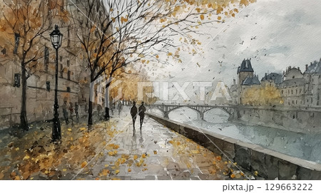 紅葉とヨーロッパの街並みの水彩画 129663222