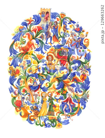 Watercolor modern scenes, people, animals, stylized medieval botanical decorations, symbolic, humorous 129663262