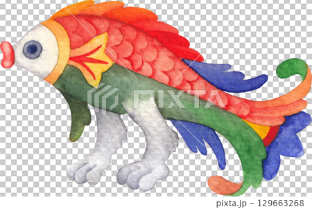 Watercolor illustration of a a whimsical medieval fish with paws Watercolor illustration of a a whimsical medieval fish with paws 129663268