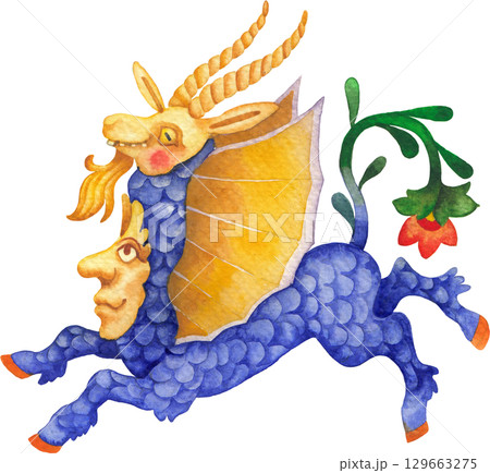 Watercolor illustration of a a whimsical medieval goat-like creature with a human face 129663275