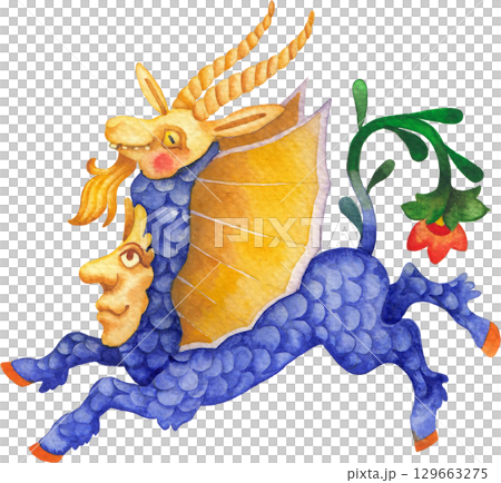 Watercolor illustration of a a whimsical medieval goat-like creature with a human face 129663275