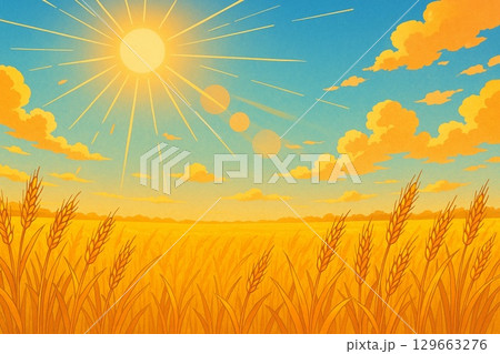 麦畑　夕焼け空　夕日 129663276