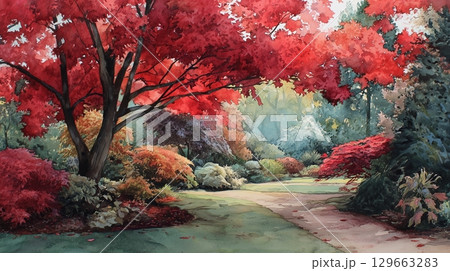紅葉と庭園の水彩画 129663283