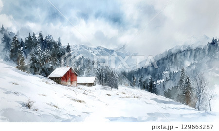 冬の雪山の水彩画 129663287