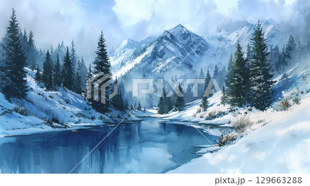 冬の雪山の水彩画のイラスト素材 [129663288] - PIXTA