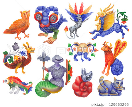 Watercolor illustration of an unknown bestiary creatures 129663296