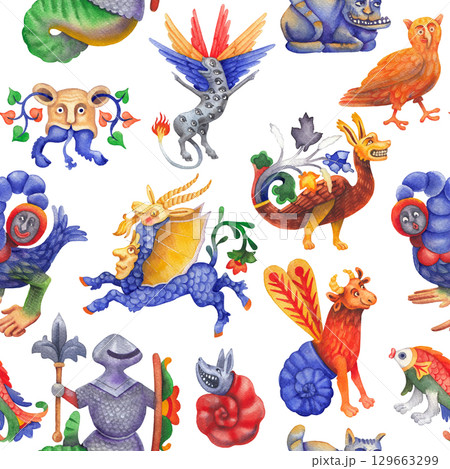 Watercolor seamless pattern of an unknown bestiary creature 129663299