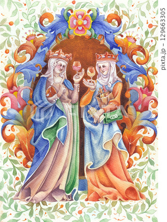 Watercolor ladies as medieval queens, wine, chocolate, gossip, girls night illustration Watercolor ladies as medieval queens, wine, chocolate, gossip, girls night illustration 129663305