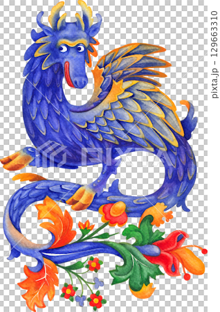 Hand-painted watercolor illustration of a funny blue dragon Hand-painted watercolor illustration of a funny blue dragon 129663310