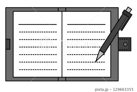 ペンやシャーペンで手帳やノートにメモを書く文具のイラスト ペンやシャーペンで手帳やノートにメモを書く文具のイラスト 129663355