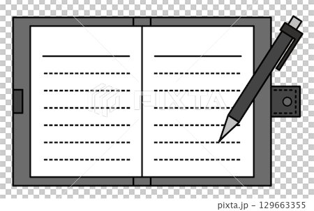 ペンやシャーペンで手帳やノートにメモを書く文具のイラスト ペンやシャーペンで手帳やノートにメモを書く文具のイラスト 129663355