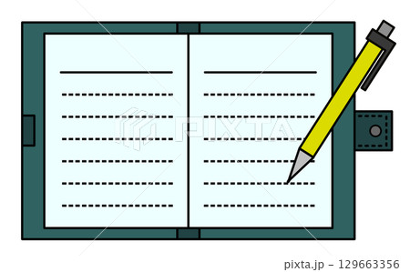 ペンやシャーペンで手帳やノートにメモを書く文具のイラスト 129663356