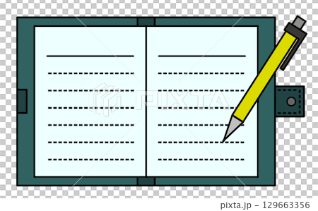 ペンやシャーペンで手帳やノートにメモを書く文具のイラスト 129663356