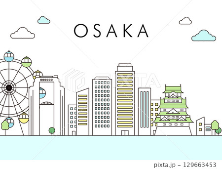大阪城と観覧車が並ぶ大阪の街並み線画イラスト 129663453
