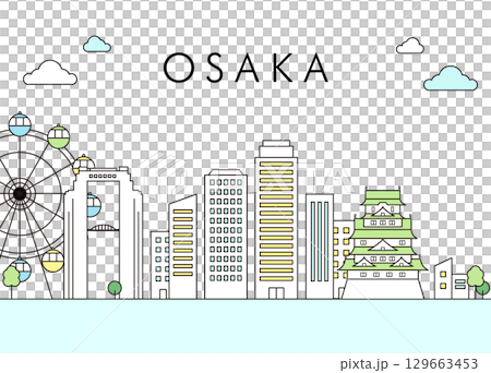 大阪城市景觀線條繪製插圖，包括大阪城和摩天輪 129663453