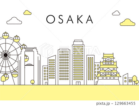 大阪城と観覧車が並ぶ大阪の街並み線画イラスト 大阪城と観覧車が並ぶ大阪の街並み線画イラスト 129663455