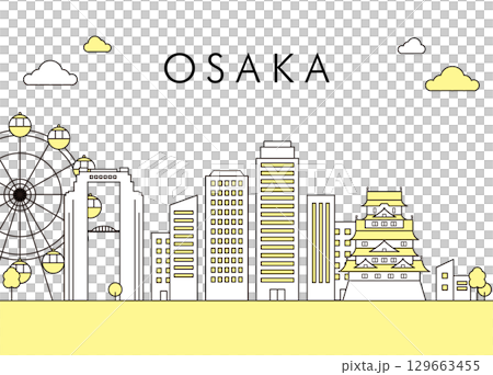 大阪城と観覧車が並ぶ大阪の街並み線画イラスト 大阪城と観覧車が並ぶ大阪の街並み線画イラスト 129663455