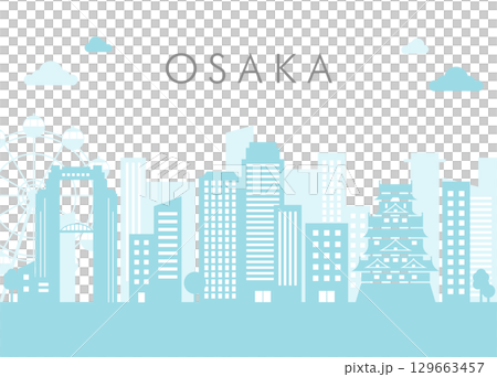 大阪城市景觀插圖，包括大阪城和摩天輪 129663457