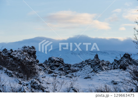 アイスランド・ディムボルギルの雪景色と雪山（ミーヴァトン湖周辺） 129663475