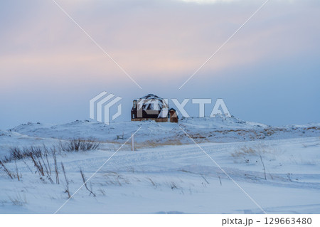 雪に包まれたドーム型木造ハウス（アイスランド） 129663480