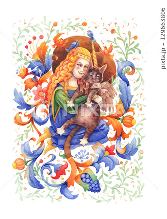 Watercolor curly-haired girl hugs her fantasy-style winged cat. Watercolor curly-haired girl hugs her fantasy-style winged cat. 129663806