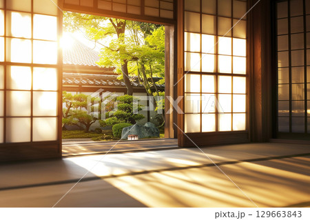 障子越しに広がる伝統的な日本庭園の風景 129663843